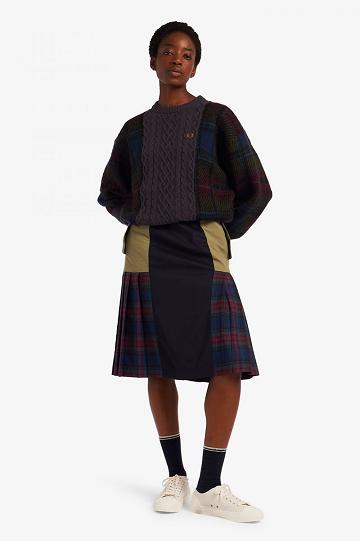 Dzianina Fred Perry Tartan Panel Cable Knit Jumper Damskie Czarne | PL 1934UZGT